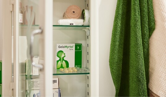 Blick in einen offenen Medizinschrank mit einer Packung Gelomyrtol Forte sichtbar auf einem Regal, neben anderen Gesundheitsprodukten und einem grünen Handtuch an der Tür hängend.