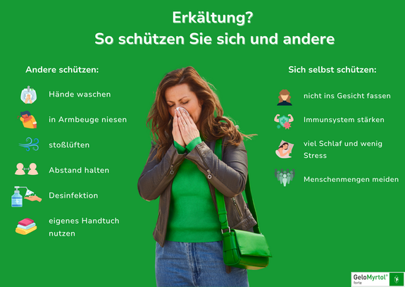 GeloMyrtol® forte Infografik Erkältung Die besten Tipps, um Sie und andere vor der Ansteckung mit einer Erkältung zu schützen!