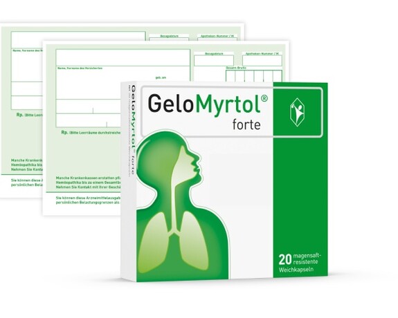 Packshot GeloMyrtol® forte mit Überweisungsträger.