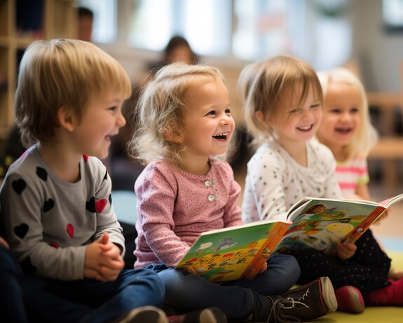 Vier Eineinhalbjährige sitzen auf dem Boden in einer Kita, zwei schauen sich freudig ein Kinderbuch an, zwei blicken lachend nach vorn.